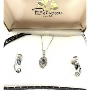 Vintage Alaska Black Diamond Hematite Sterling Silver Necklace Earrings Set Box